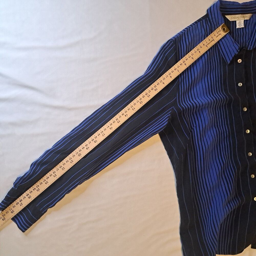 Casual Corner Vtg Women's 100% Silk Blue Black Striped Button-Down Shirt Size 14 - Picture 9 of 10